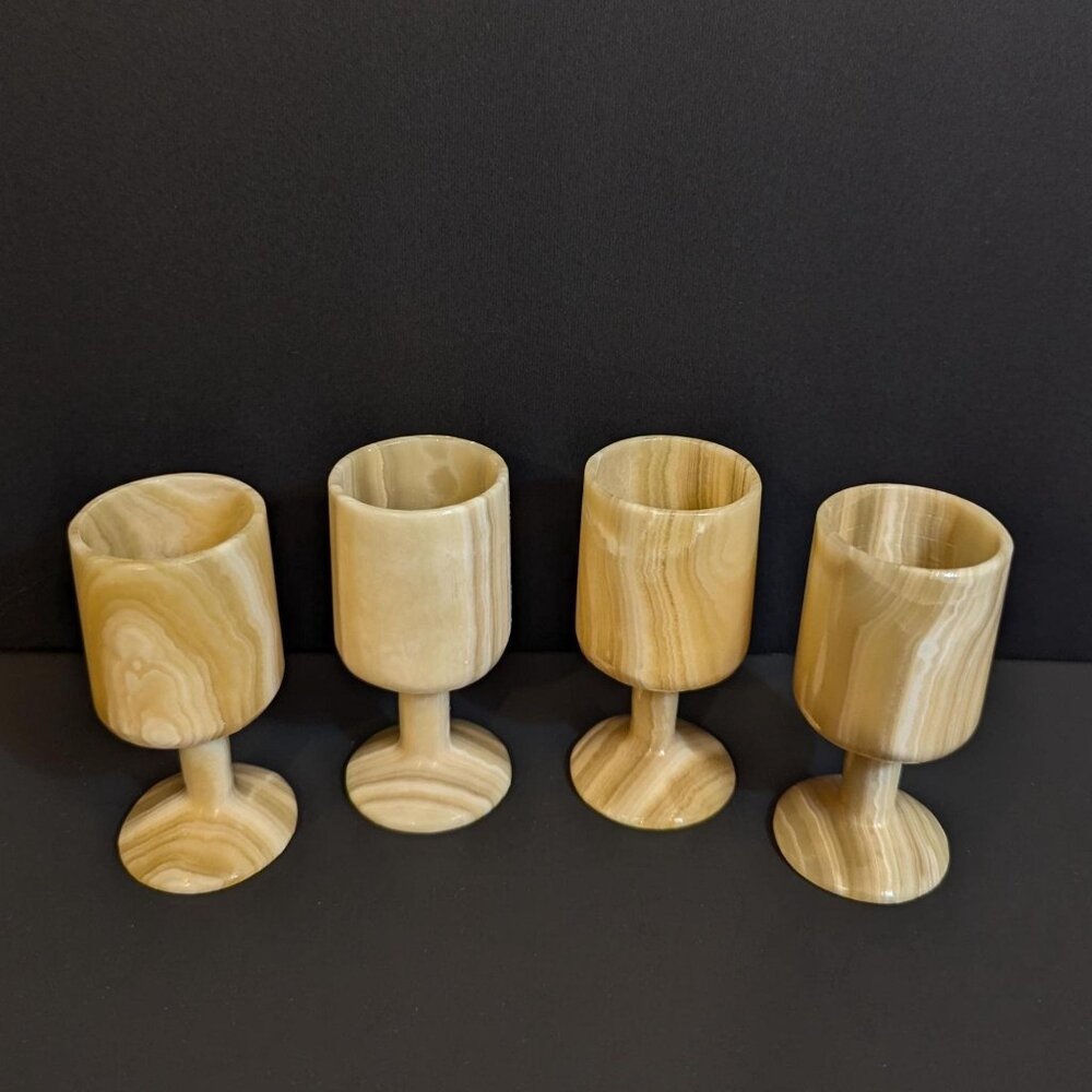 Set of Four Vintage Carved, Banded Onyx Footed Shot Glasses, Cordial Glasses